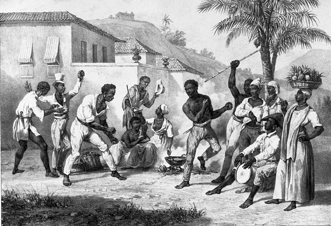 Lithograph from 1835 by Johann Moritz Rugendas showing two Black men playing capoeira in a circle of onlookers with a drummer.