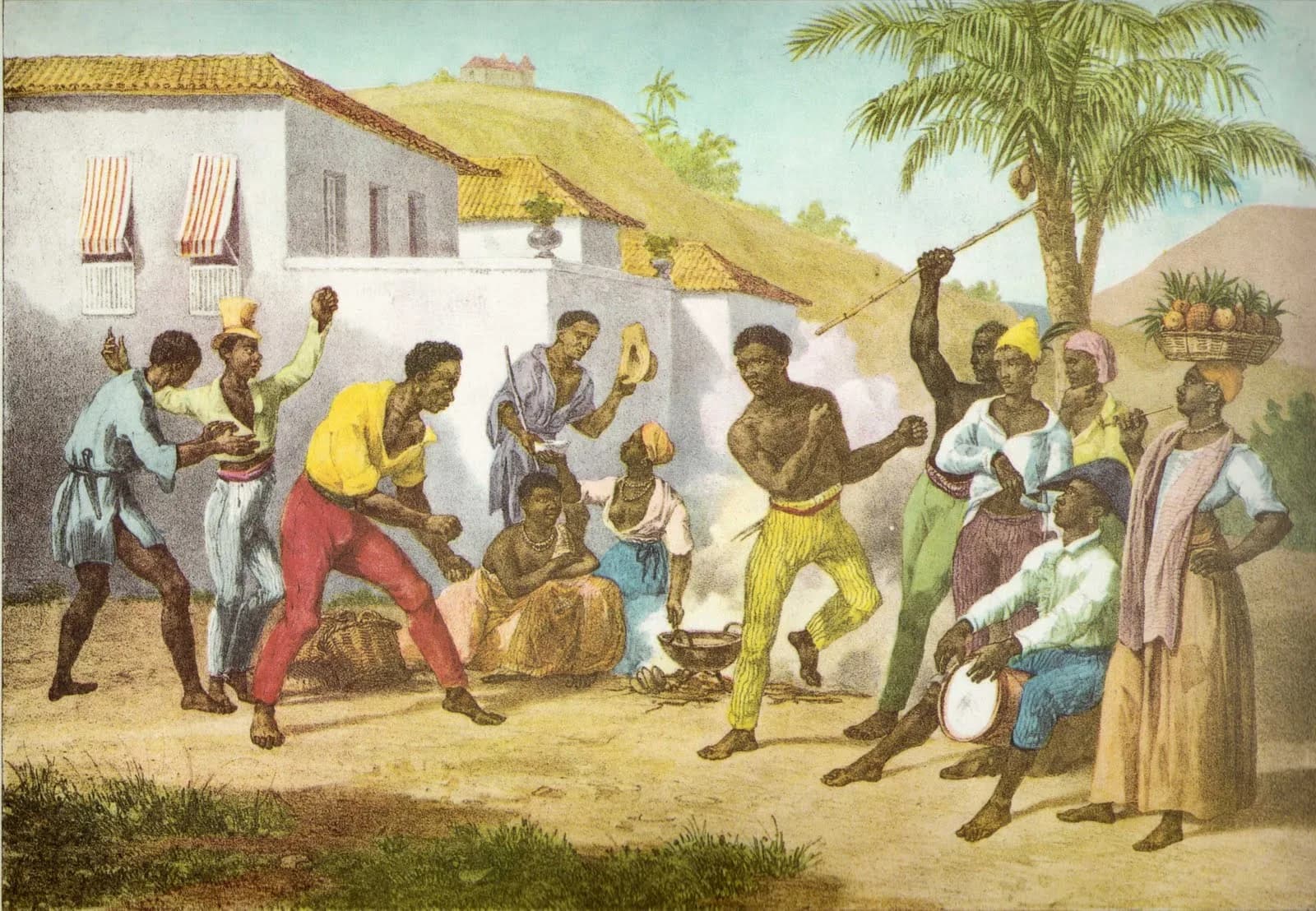 Lithograph by Rugendas of a festival scene in Brazil with Black men dancing and playing in a circle while others watch and drum.