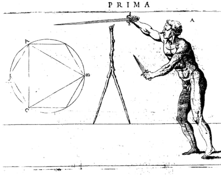 Engraving from Camillo Agrippa's 1553 treatise showing fencers in guard positions with geometric lines drawn over their bodies.