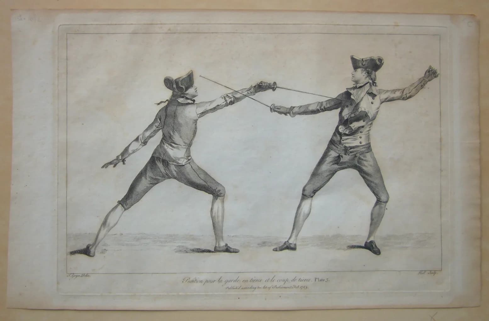 Engraved plate from Domenico Angelo's 1763 École des Armes showing two smallsword fencers in a lunge and parry.