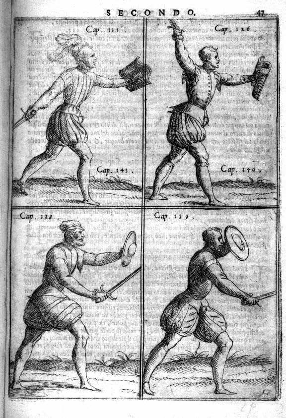 Woodcut from Achille Marozzo's 1536 fencing treatise showing two men in Renaissance dress with swords and small shields.