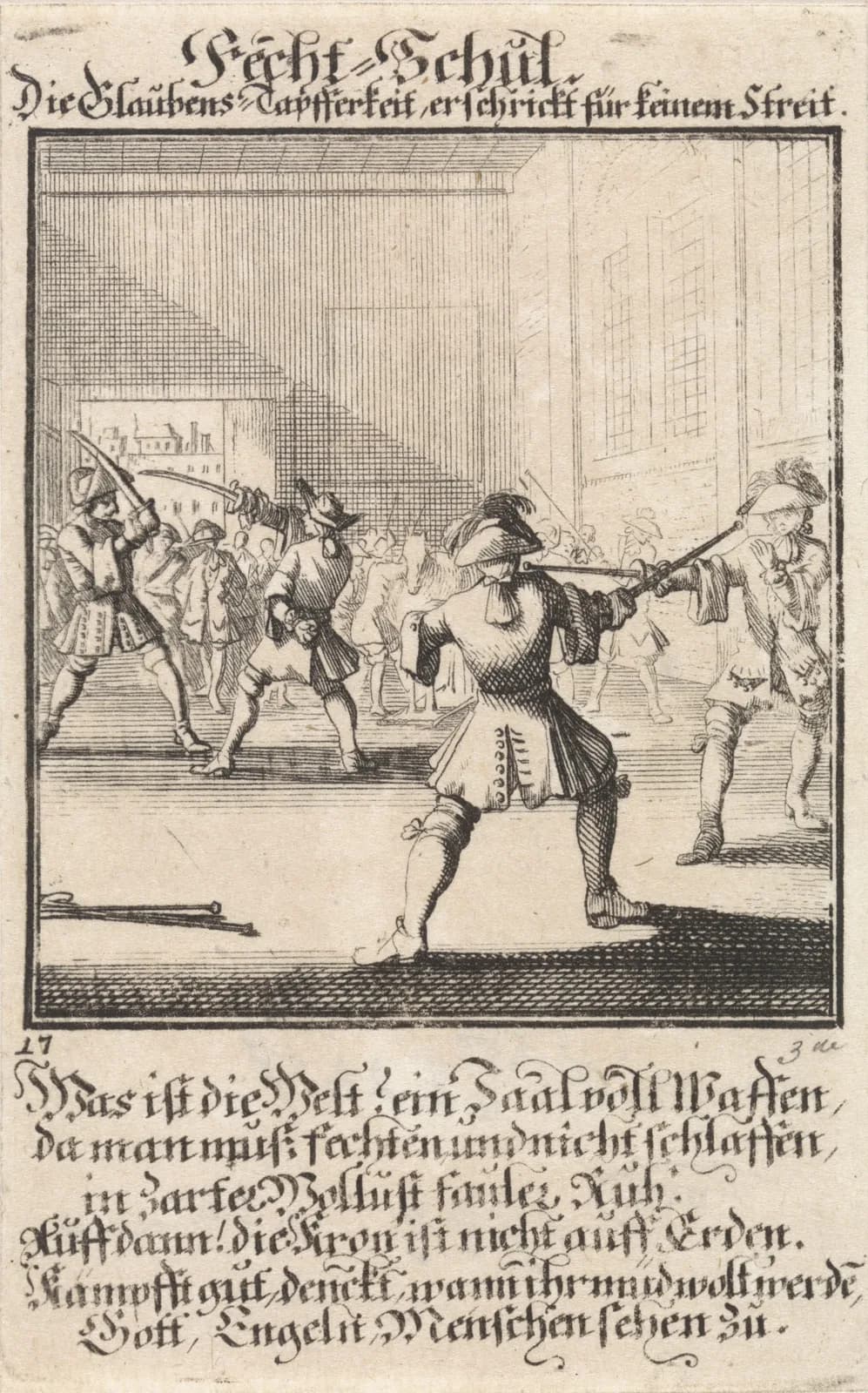 Dutch engraving from 1711 of a fencing school with pairs of fencers practising in a hall lined with weapons.