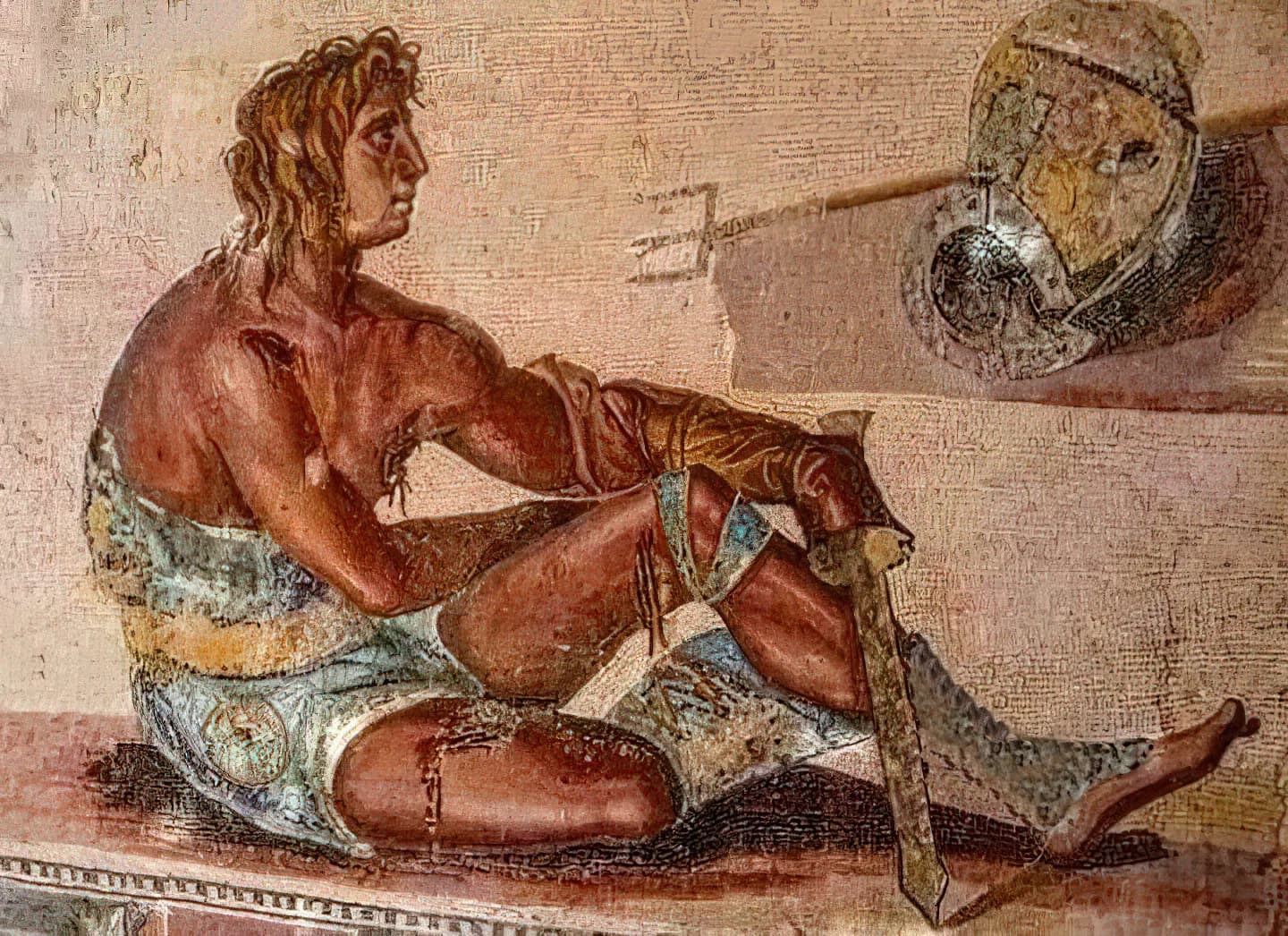 Roman mosaic of a retiarius holding a trident, from Leptis Magna in Libya, first century AD.