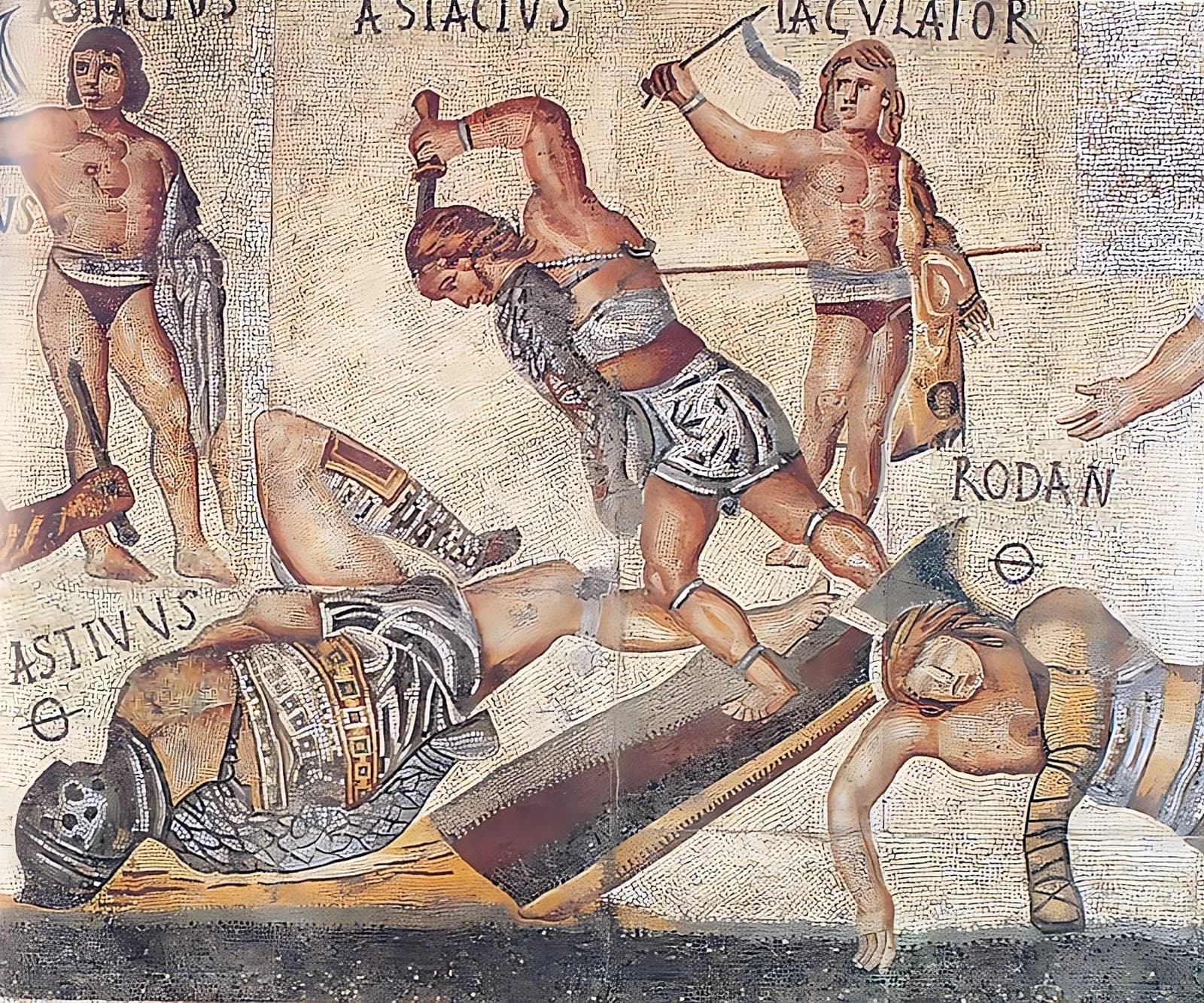Mosaic of a retiarius with net and trident attacking a fallen secutor, from the Borghese collection, about AD 320.