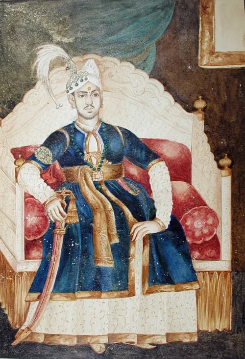 Painted portrait of a Zamorin of Calicut around 1828, seated in state with a sword.