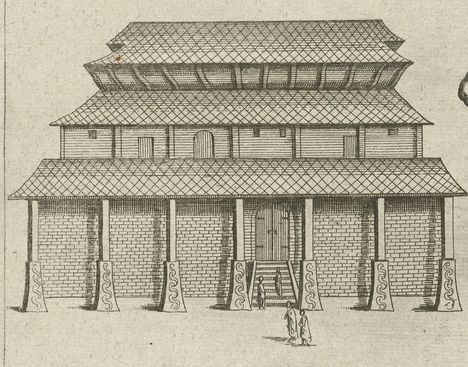 Engraving from 1604 showing the palace of the Zamorin of Calicut with courtiers, guards and elephants in a walled compound.