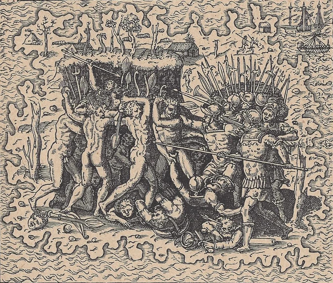 16th-century engraving of the death of Ferdinand Magellan at Mactan, with Spanish soldiers fighting islanders armed with spears and blades on a beach.