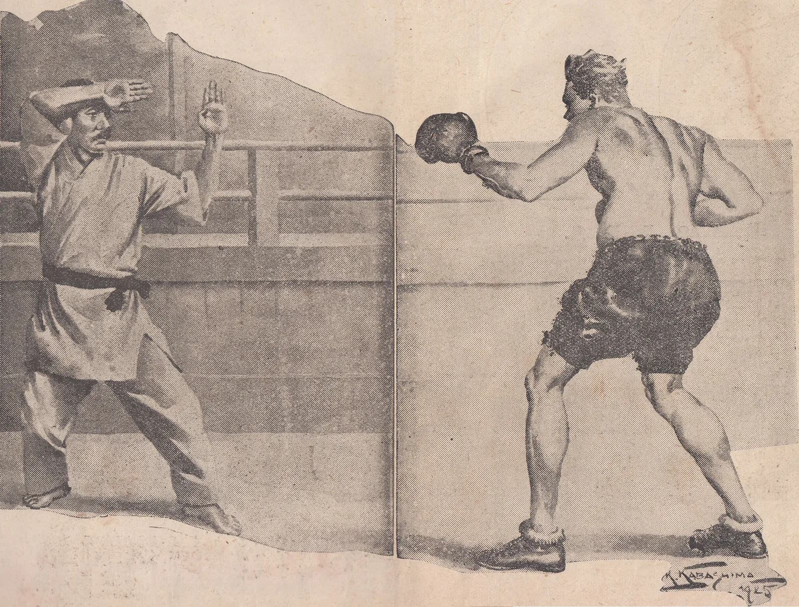 Magazine illustration from 1925 of a karate fighter striking a Western boxer in a ring in front of a crowd.