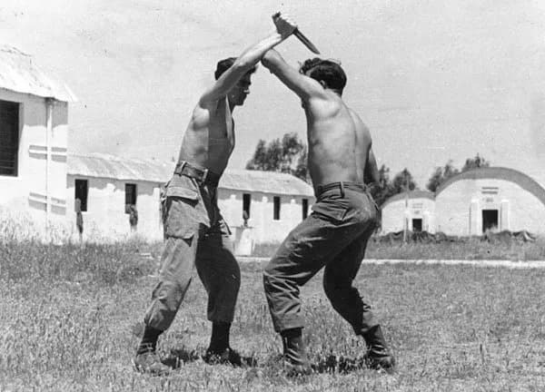 Israeli soldiers practise hand-to-hand combat in pairs on open ground in 1955.