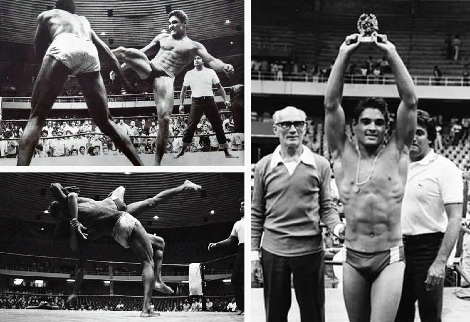 Collage of photographs from the 1980 vale tudo fight between Rickson Gracie and Rei Zulu in Brasília.