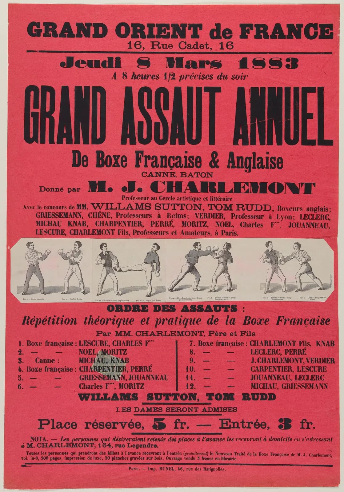 Printed poster from 1883 announcing a Grand Assaut annuel of boxe française at the Grand Orient de France in Paris.
