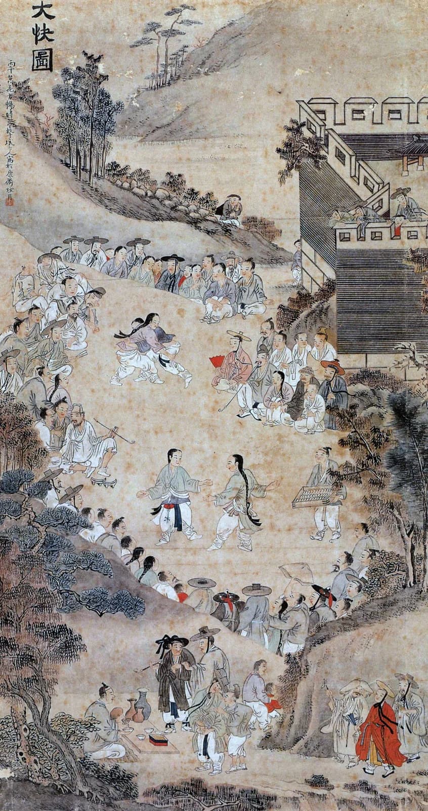 Detail of a Korean painting from 1846 showing a crowd gathered around men competing at a festival.