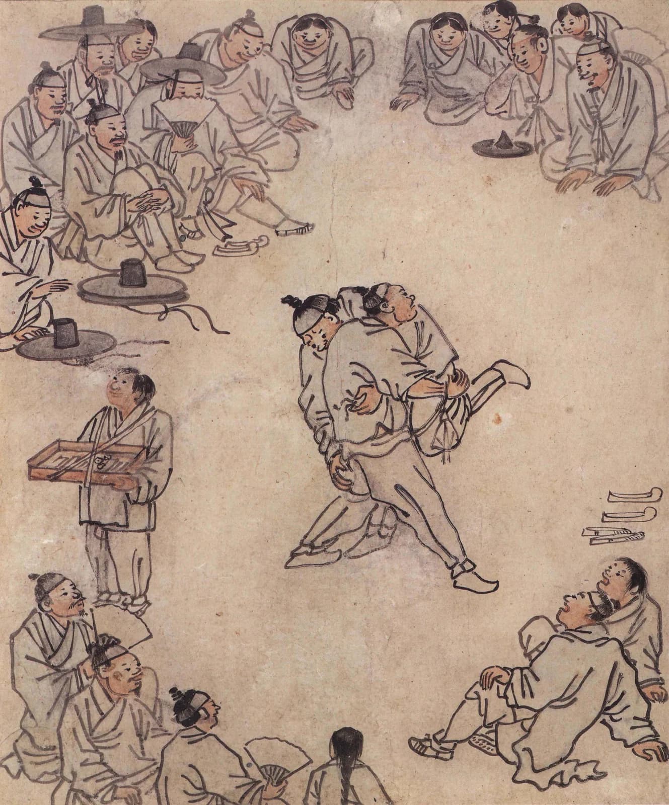 18th-century Korean genre painting of two men wrestling while a circle of spectators watches.