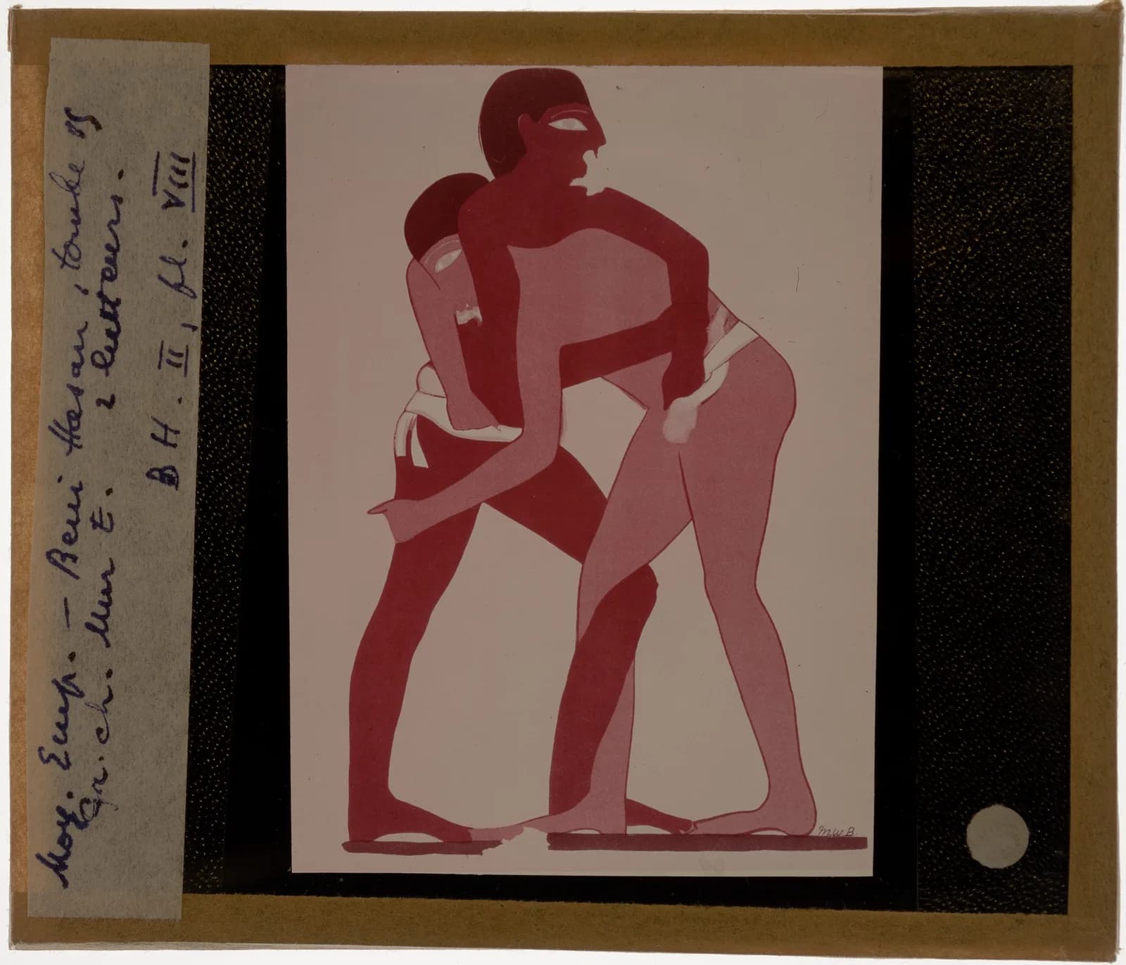 Facsimile of an ancient Egyptian tomb painting showing two wrestlers grappling, one lifting the other.